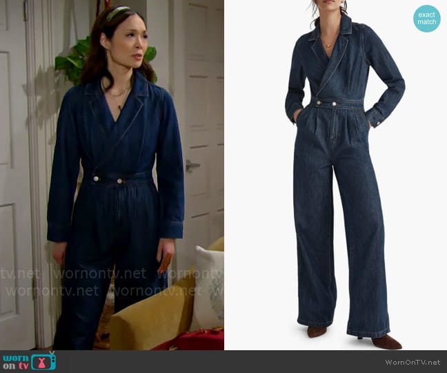 Madewell Long Sleeve Tailored Straight Leg Denim Jumpsuit worn by Penelope Poppy Nozawa (Romy Park) on The Bold and the Beautiful