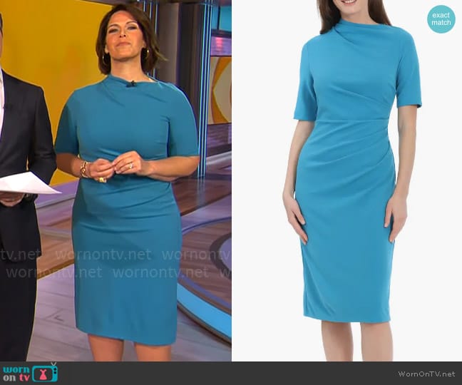 Maggy London Asymmetric Neck Sheath Midi Dress in Mosaic Blue worn by Dana Jacobson on CBS Mornings