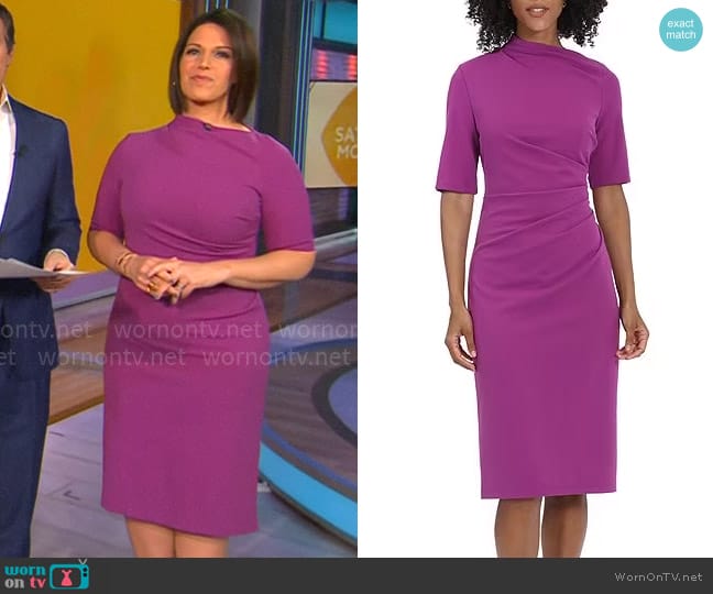 Maggy London Mock Neck Short Sleeve Draped Midi Sheath Dress in Byzantium worn by Dana Jacobson on CBS Mornings
