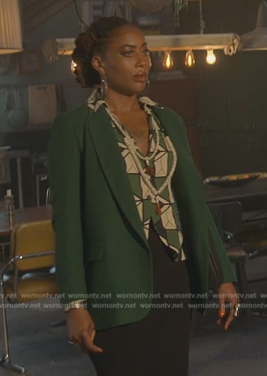 Malika’s green printed blouse on Good Trouble