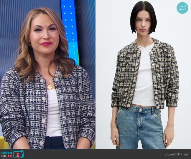 Mango Tweed Bomber Jacket in Dark Navy worn by Lori Bergamotto on Good Morning America