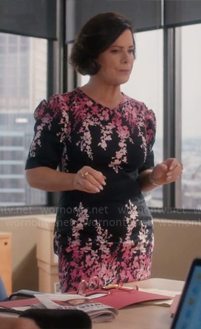 Margaret’s black and pink ombre floral dress on So Help Me Todd