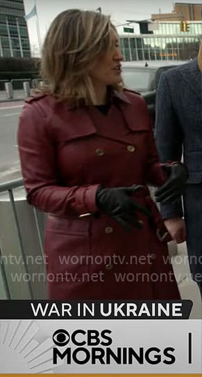 Margaret Brennan’s red leather trench coat on CBS Mornings
