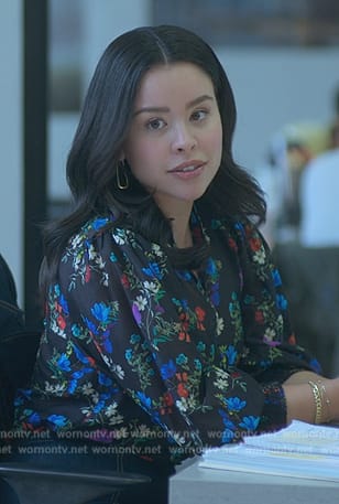 Mariana’s black floral print blouse on Good Trouble