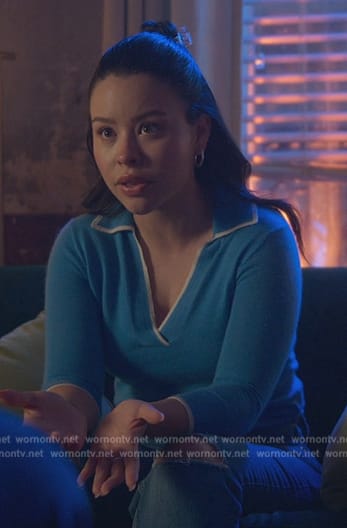 Mariana’s blue contrast tipped sweater on Good Trouble