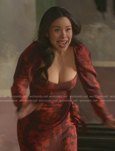 Mariana’s red floral print ruffle dress on Good Trouble