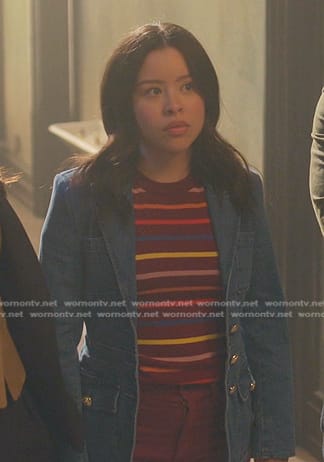 Mariana’s striped tee and denim blazer on Good Trouble