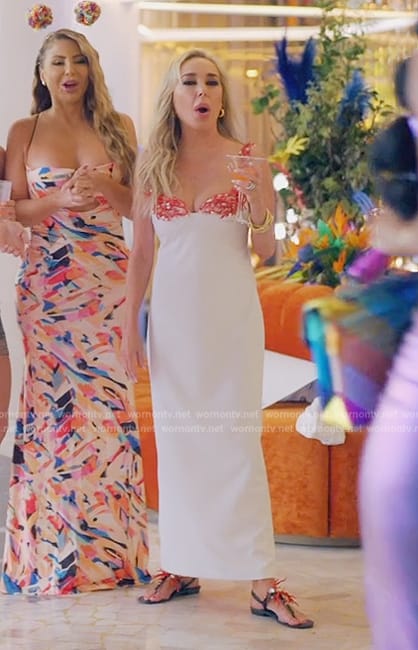 Marysol’s white coral trim maxi dress on The Real Housewives of Miami