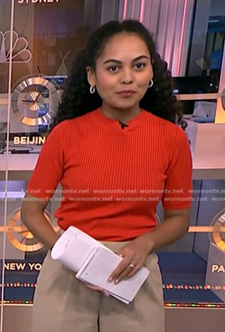 Maya Eaglin’s red ribbed short sleeve top on NBC News Daily