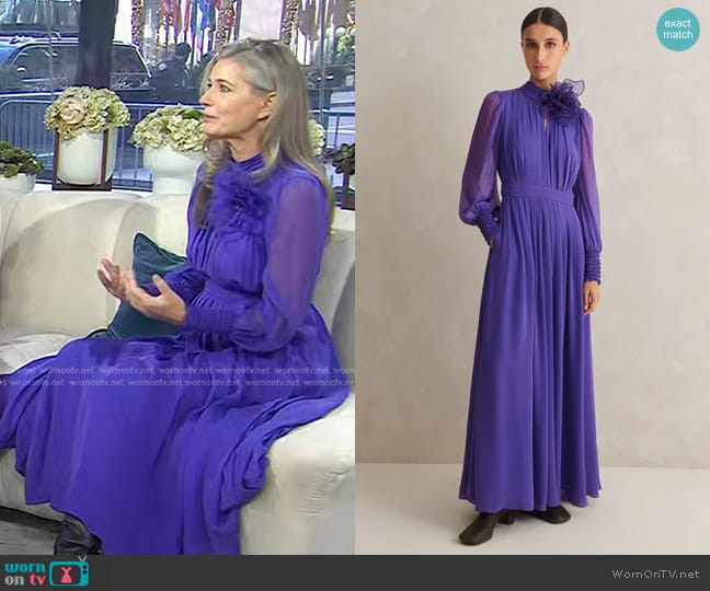 Me + Em Silk Full-Length Dress With Corsage + Belt in Winter Lilac worn by Paulina Porizkova on Today