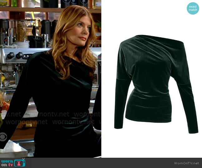 Me & Thee Keep It Up Green Velvet Sleeved Top worn by Phyllis Summers (Michelle Stafford) on The Young and the Restless