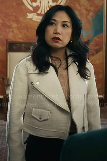 Mel’s white tweed moto jacket on The Equalizer