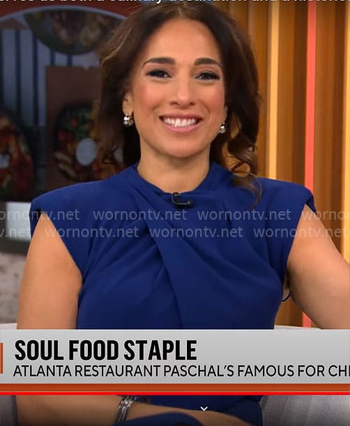 Michelle Miller’s blue draped dress on CBS Mornings