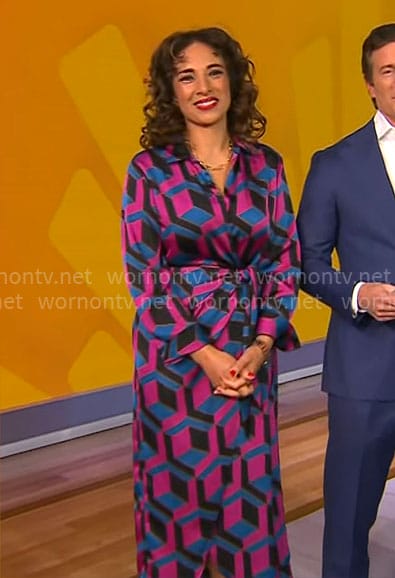 Michelle Miller’s blue and pink geometric print dress on CBS Mornings