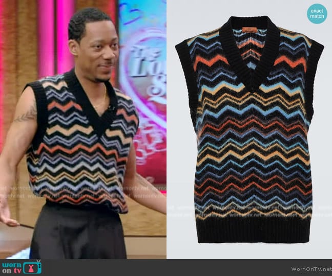 Missoni Zig Zag sweater vest worn by Tyler James Williams on Live with Kelly and Mark