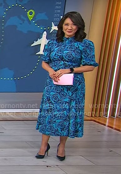 Nancy Chen’s blue rose print dress on CBS Mornings