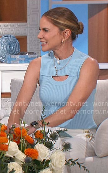 Natalie’s blue cutout rib knit top and white pants on The Talk