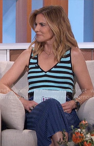 Natalie’s blue mixed stripe v-neck dress on The Talk