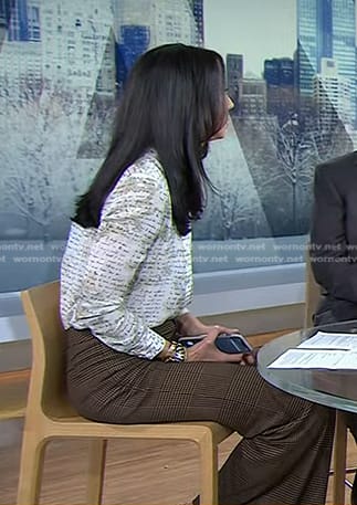 Natalie’s white script print blouse and brown plaid pants on Today