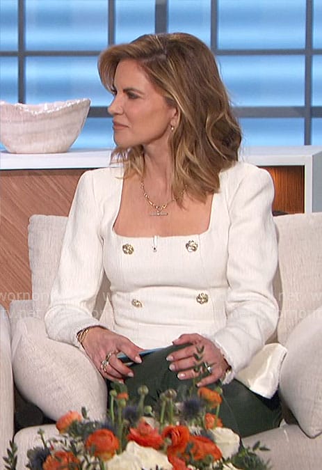 Natalie’s white square neck top with gold buttons on The Talk
