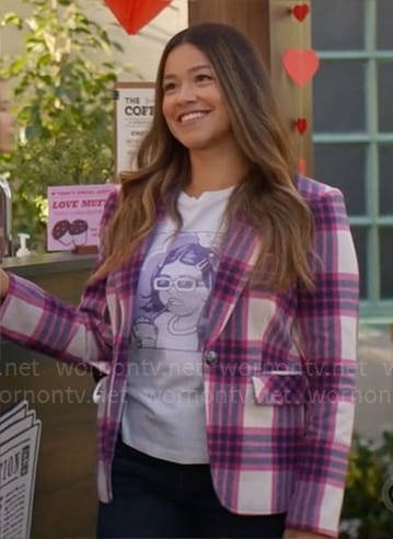 Nell’s pink plaid blazer and In Your Dreams tee on Not Dead Yet
