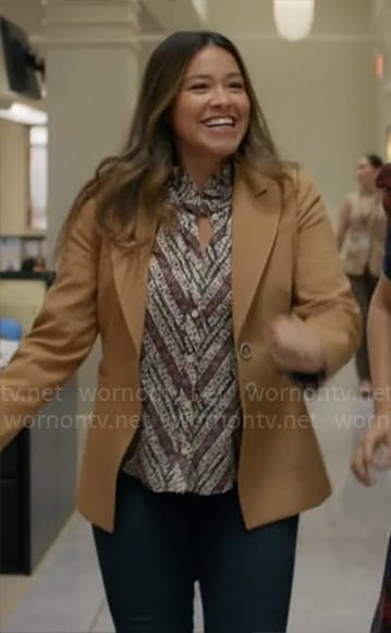 Nell’s floral striped blouse and camel blazer on Not Dead Yet