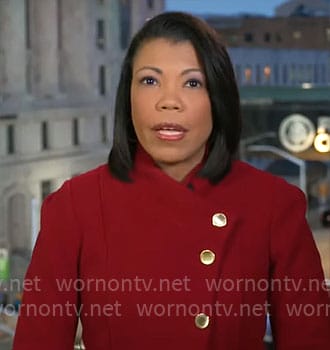 Nikole Killion’s red asymmetric coat with gold buttons on CBS Mornings