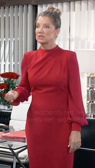 Nina’s red draped long sleeve sheath dress on General Hospital