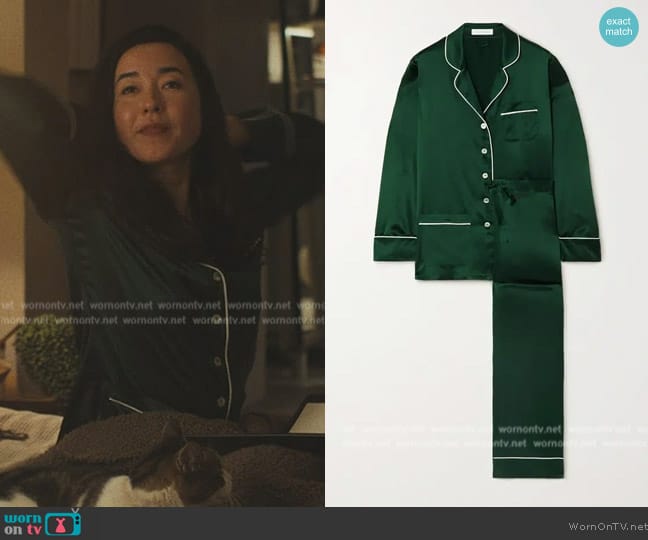 Olivia Von Halle Coco Piped Silk-Satin Pajama Set worn by Jane Smith (Maya Erskine) on Mr. & Mrs. Smith