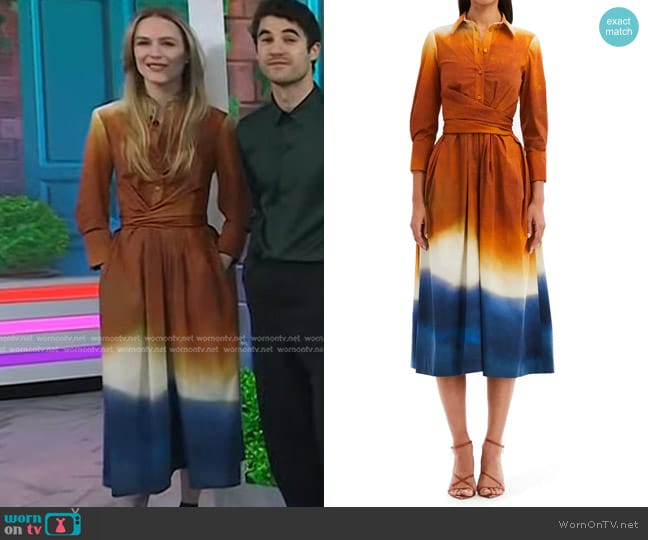 Oscar de la Renta Abstract Ombré Stretch Cotton Poplin Shirtdress worn by Evan Rachel Wood on Today
