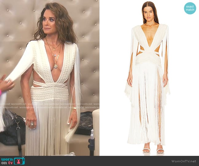 PatBO All Over Plunging Fringe Dress worn by Kyle Richards on The Real Housewives of Beverly Hills