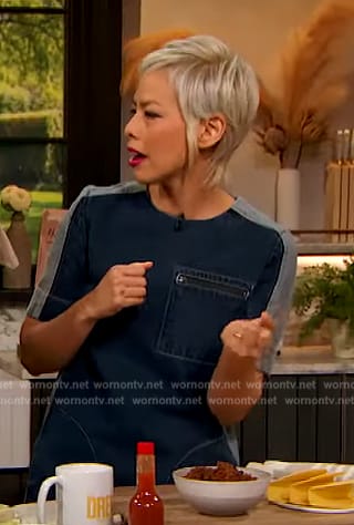 Pilar Valdes’s denim mini dress on The Drew Barrymore Show