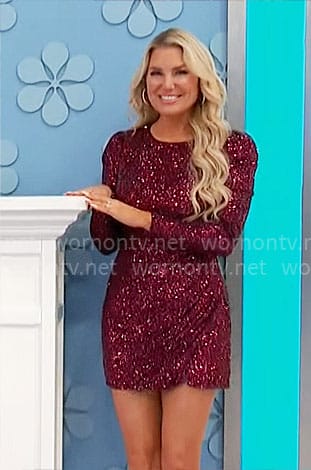 Rachel’s burgundy sequin mini dress on The Price is Right
