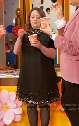 Rachel Dratch’s black embellished trim mini dress on The Drew Barrymore Show