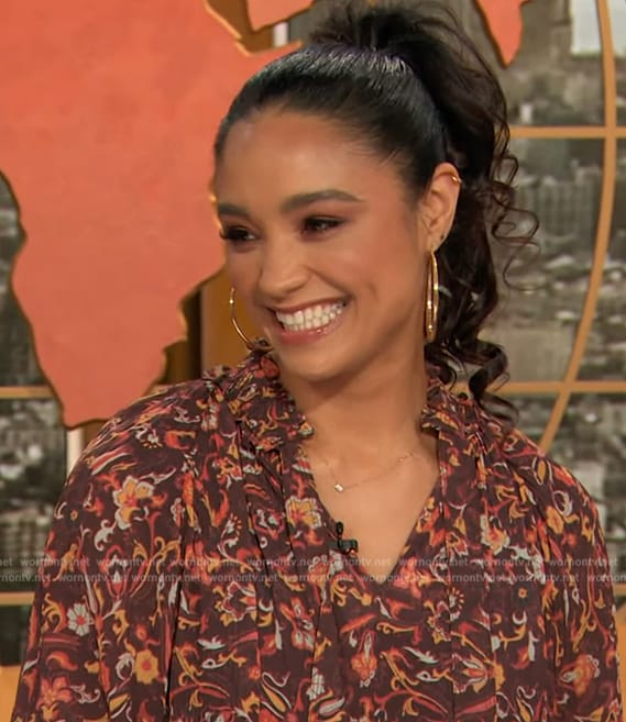 Rachel Smith’s floral print tie neck dress on The Drew Barrymore Show