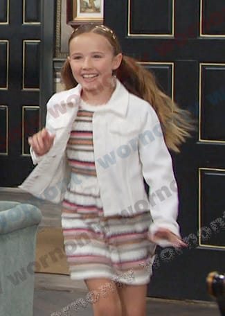 Rachel’s striped dress and white jacket on Days of our Lives