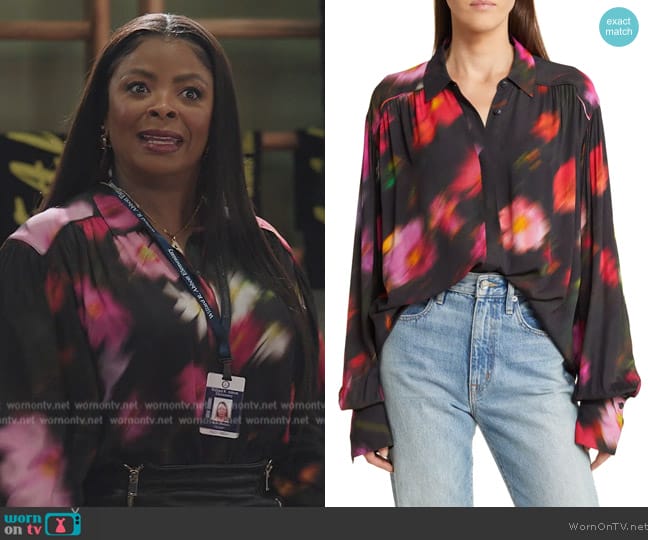 Rag & Bone Aubrey Floral Print Button-Up Top worn by Ava Coleman (Janelle James) on Abbott Elementary
