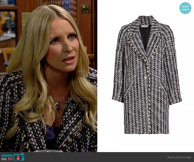 Ramy Brook Valeria Metallic Tweed Jacket worn by Christine Blair Williams (Lauralee Bell) on The Young and the Restless