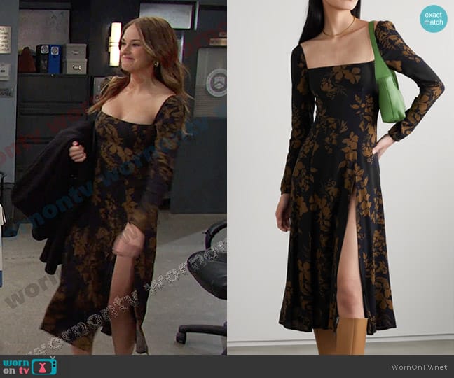 Reformation Sigmund Midi Dress with Slit in Night Garden worn by Stephanie Johnson (Abigail Klein) on Days of our Lives
