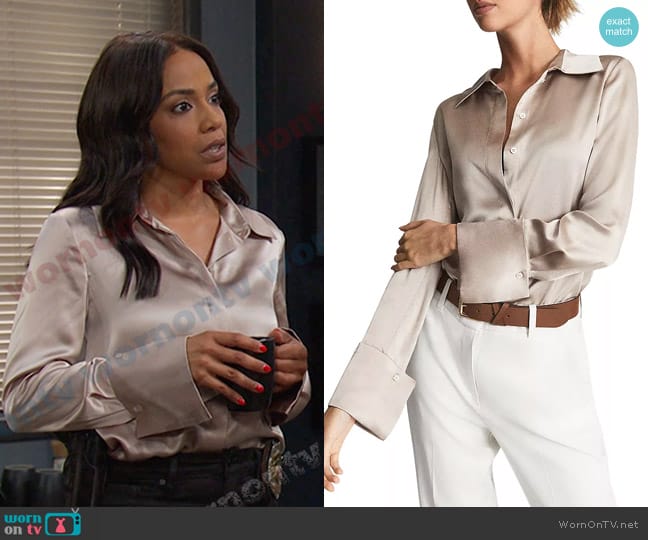 Reiss Hailey Silk Buttoned Shirt in Champagne worn by Jada Hunter (Elia Cantu) on Days of our Lives