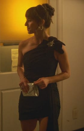 Riley’s black one shoulder drape mini dress on Good Trouble