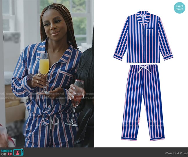Sant and Abel Andy Cohen Striped Pajama Set worn by Candiace Dillard Bassett on The Real Housewives of Potomac
