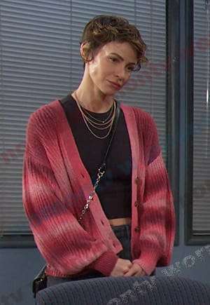 Sarah’s pink striped cardigan on Days of our Lives