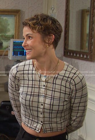 Sarah’s white plaid cropped cardigan on Days of our Lives