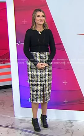 Savannah’s black mesh inset top and plaid pencil skirt on Today