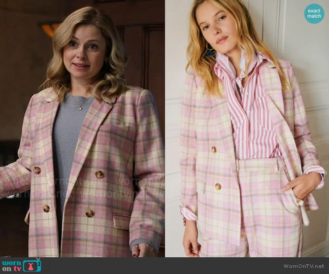 Sezane Christie Jacket in Pink Check Print worn by Sam (Rose McIver) on Ghosts