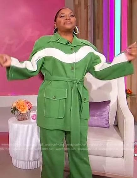 Sherri’s green and white jacket and pants on Sherri