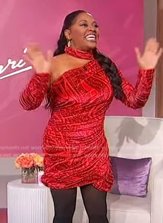 Sherri’s red velvet cold shoulder dress on Sherri