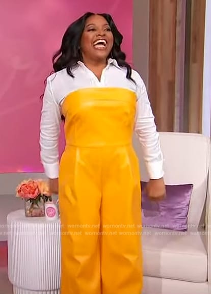 Sherri’s yellow leather strapless jumpsuit on Sherri