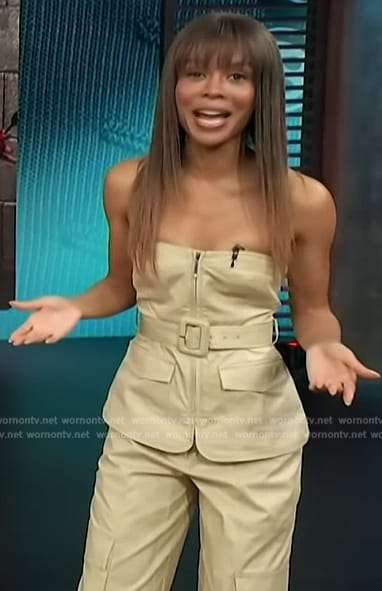 Zuri’s khaki strapless cargo top and pants on Access Hollywood